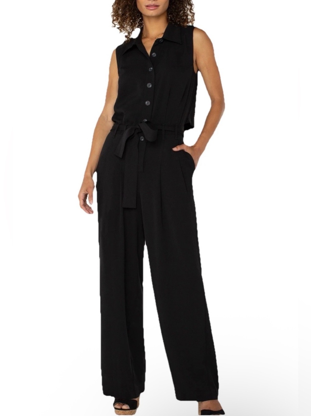 Liverpool Black Jumpsuit Self tie belt elastic waistband Size XL
